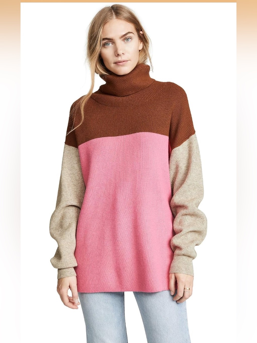Free People Soft Color-Block Oversized Tunic Turtleneck Sweater Tan Pink Small